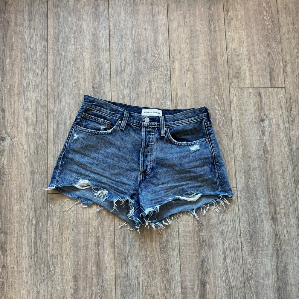 Aritzia Dark Blue Distressed Frayed Hem Denim Shorts